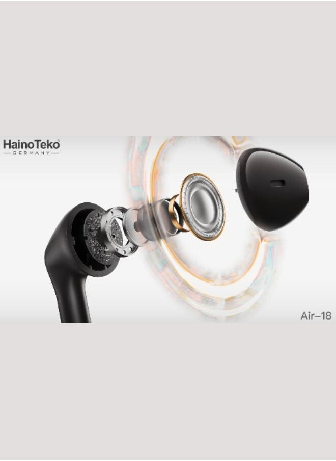 Air-18 Bluetooth Earphones with High-Quality Sound, Super Clear Mic, and Touch Controls – Stylish & Comfortable White Wireless Earphones for Music, Calls, and Sports.