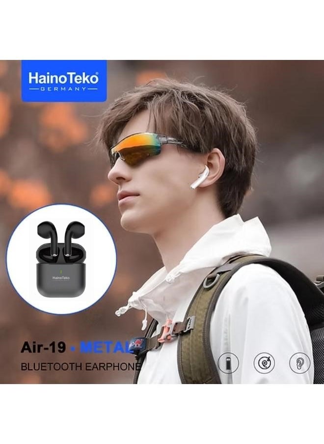 Air-19 Bluetooth Earphones with High-Quality Sound, Super Clear Mic, and Touch Controls – Stylish & Comfortable Black Wireless Earphones for Music, Calls, and Sports.