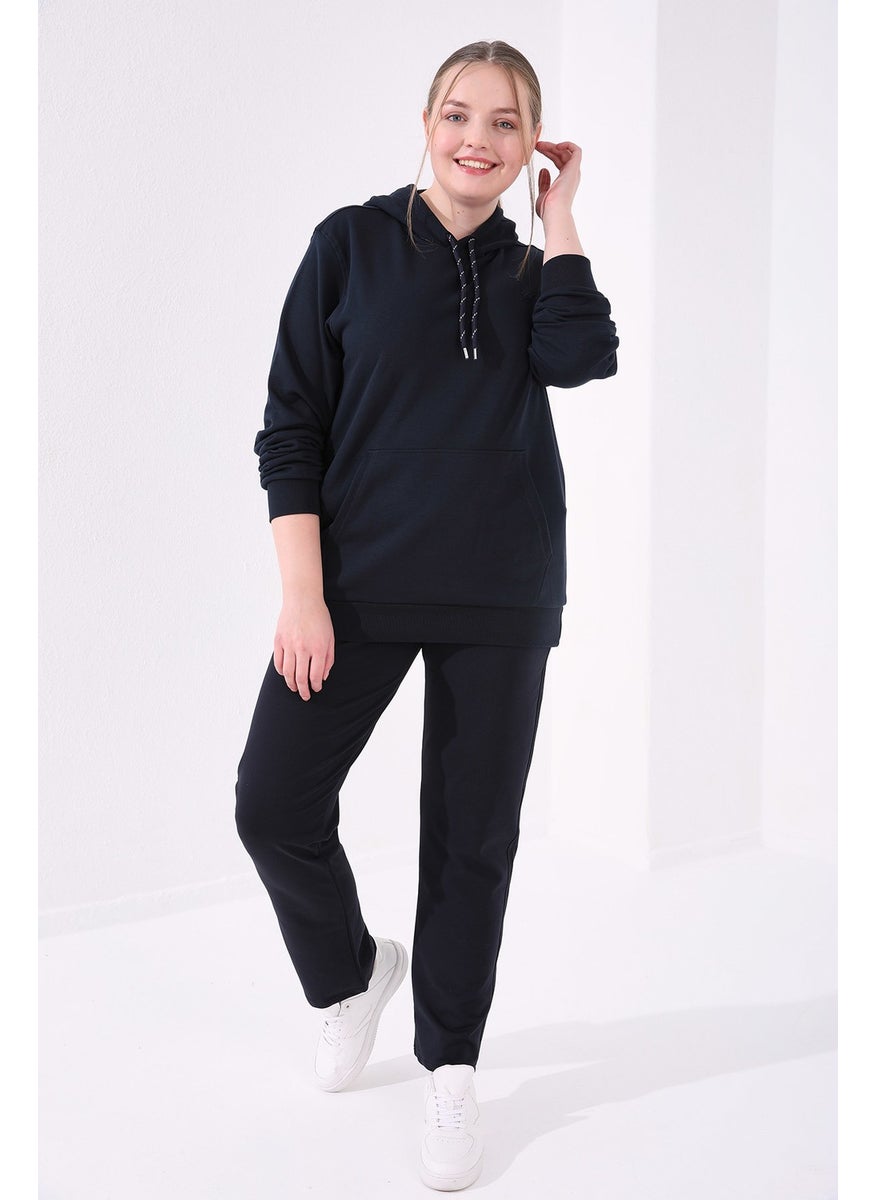 Navy Blue Women's Pocket Comfortable Form Classic Leg Plus Size Tracksuit Bottom-94014
