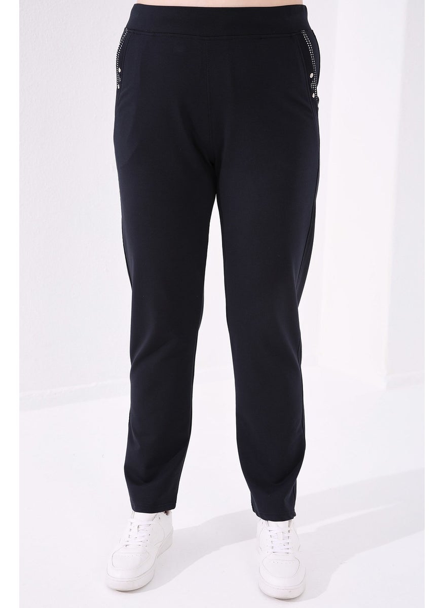 Navy Blue Women's Pocket Comfortable Form Classic Leg Plus Size Tracksuit Bottom-94014