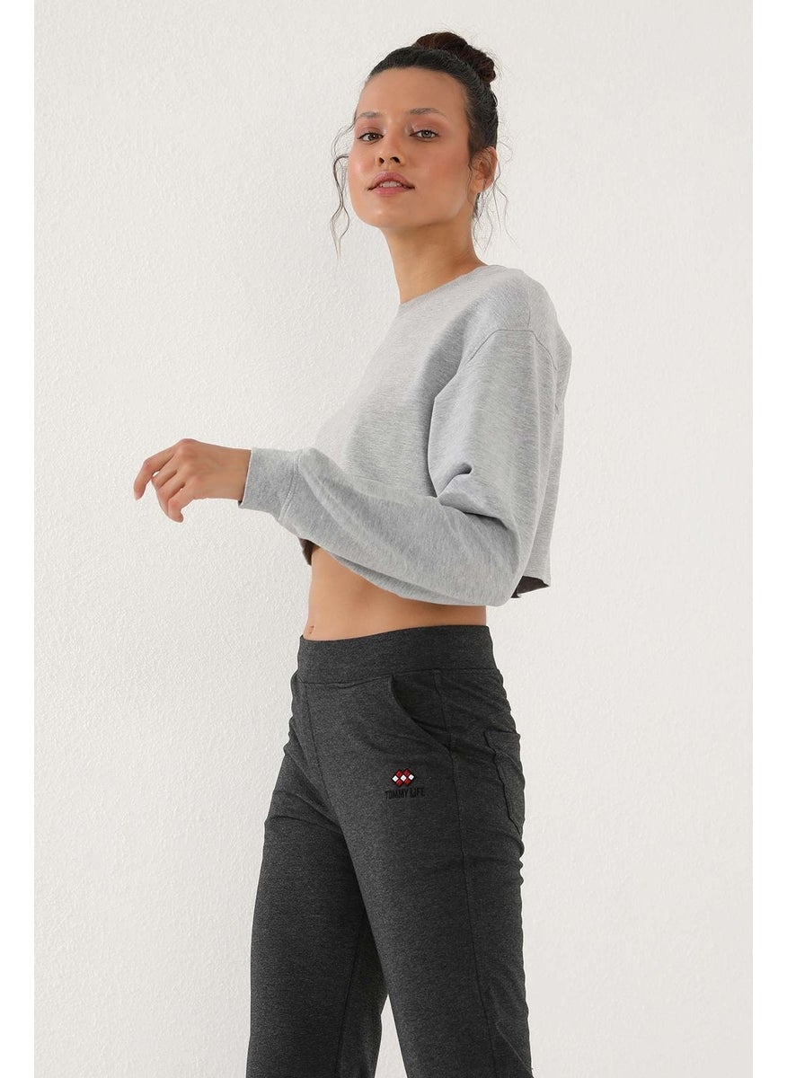 Anthracite Melange Women's High Waist Pocket Slim Fit Classic Leg Tracksuit Bottom - 94185