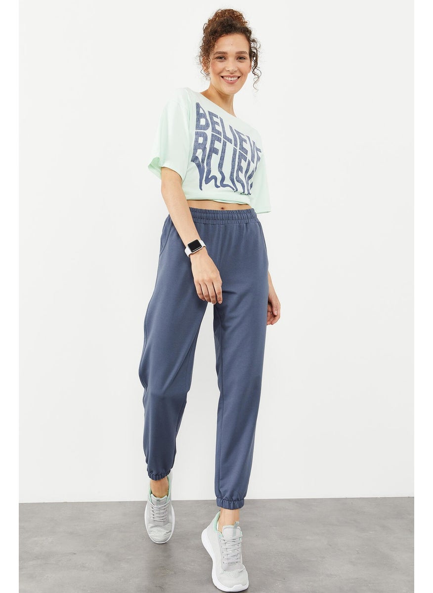 Petrol Pocket High Waist Comfortable Form Elastic Leg Women's Tracksuit Bottom - 94583