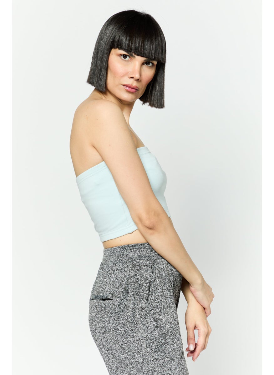 Women Brand Logo Print Strapless Top, Light Blue