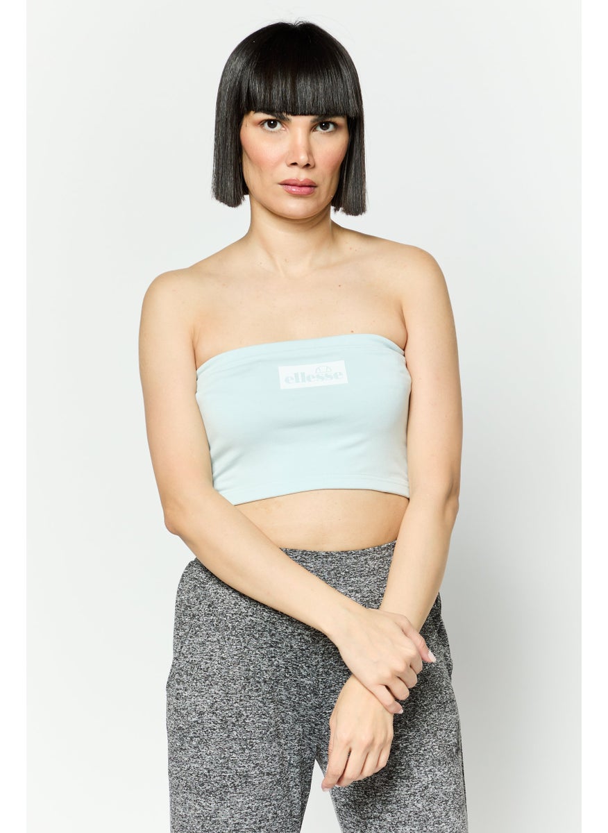 Women Brand Logo Print Strapless Top, Light Blue