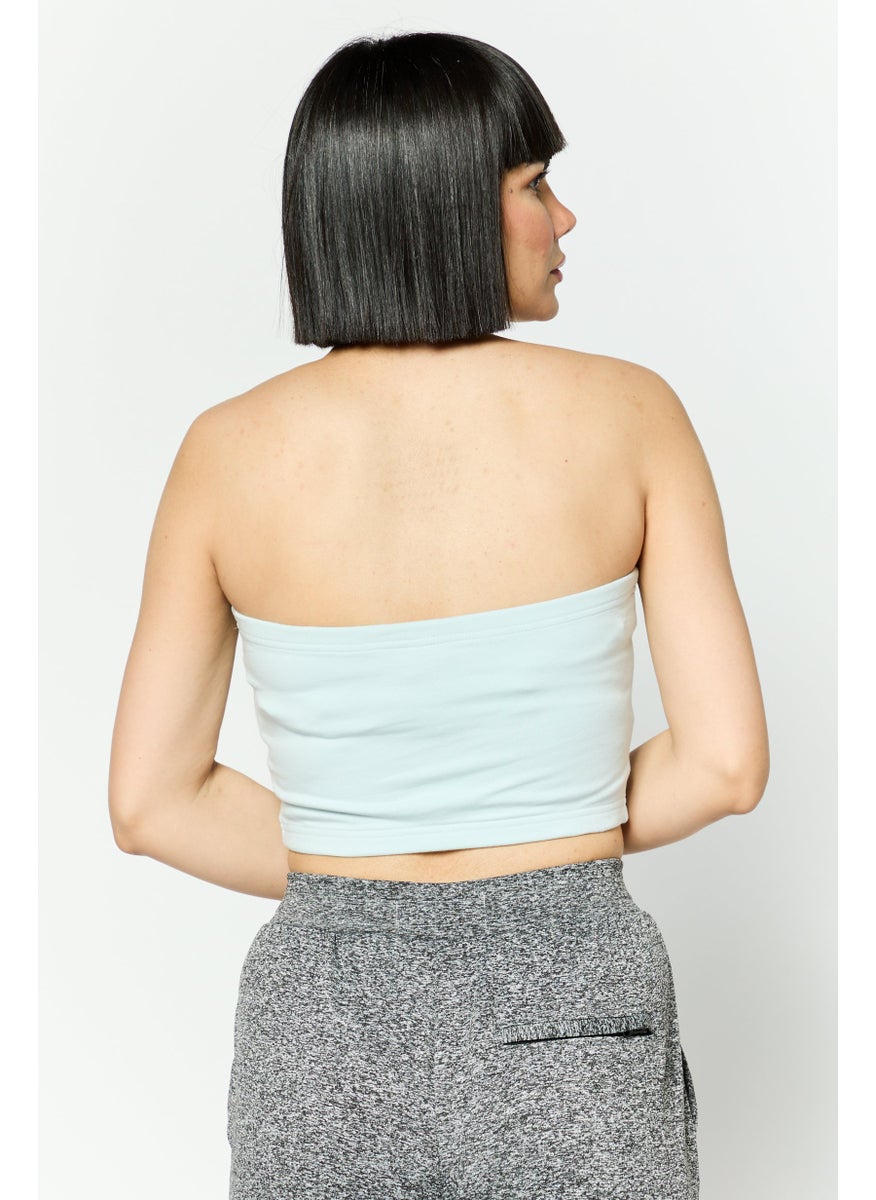 Women Brand Logo Print Strapless Top, Light Blue