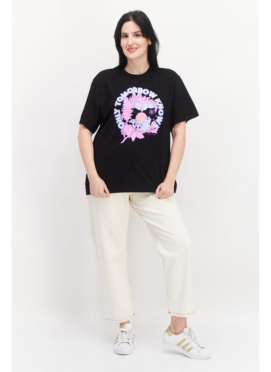 Women Crew Neck Short Sleeves Graphic Print T-Shirt, Black