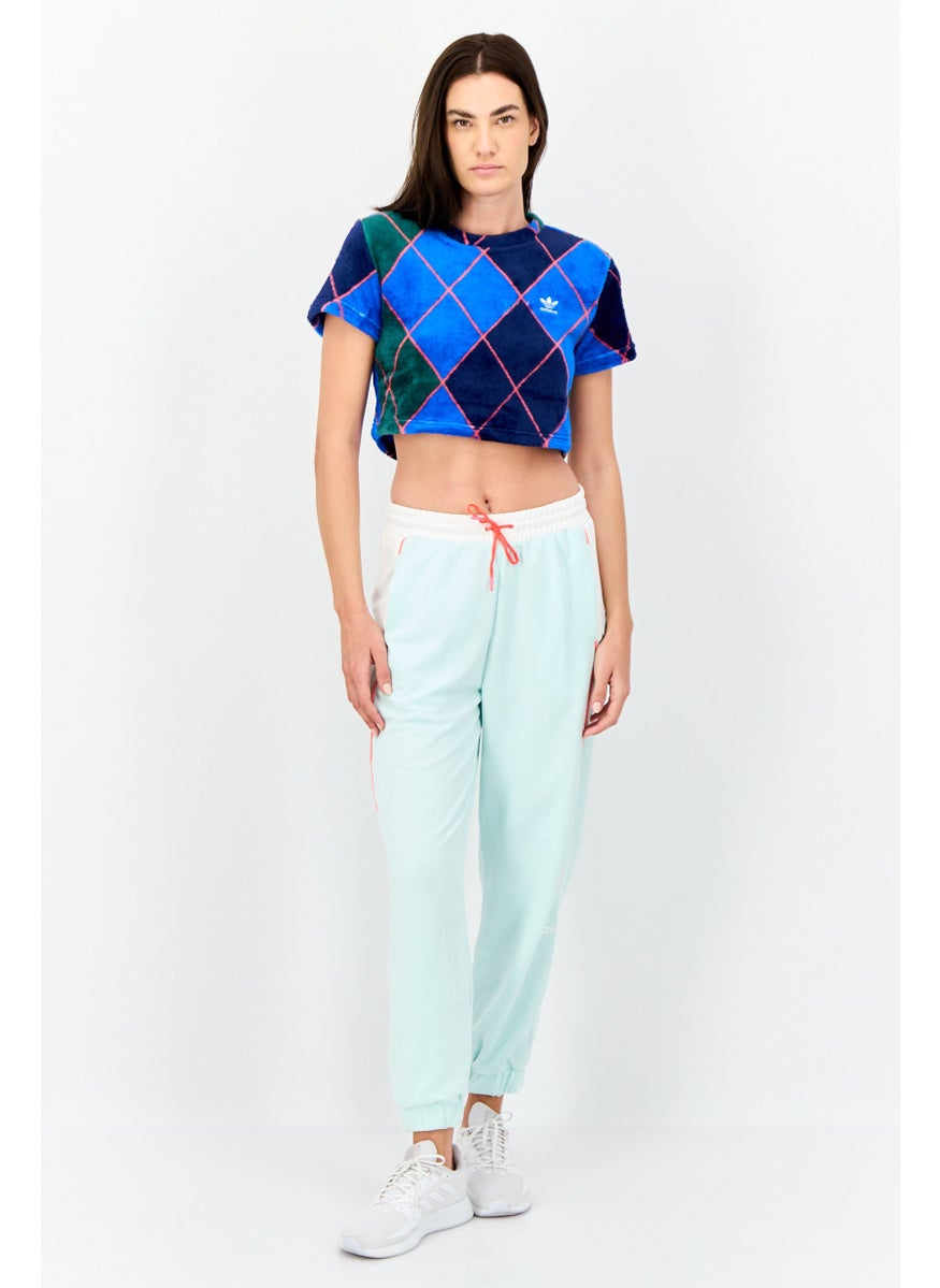 Women Sportswear Fit Short Sleeves Argyle Fluffy Outdoor Top, Multicolor