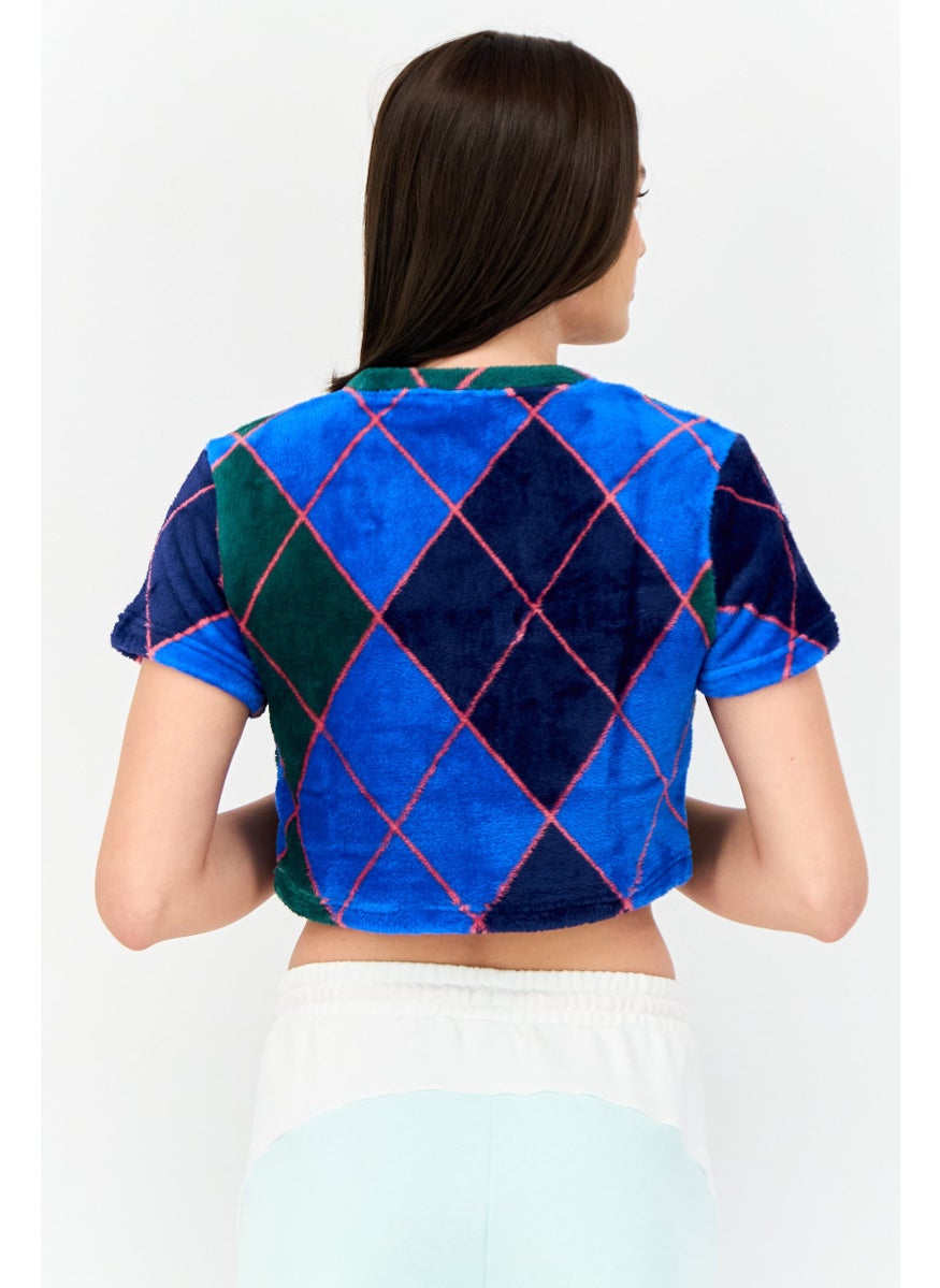 Women Sportswear Fit Short Sleeves Argyle Fluffy Outdoor Top, Multicolor