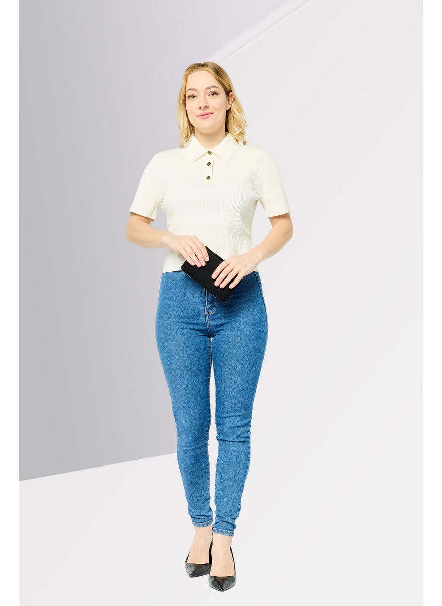 Women Regular Fit Short Sleeve Rib Knit Polo Shirts, Bone
