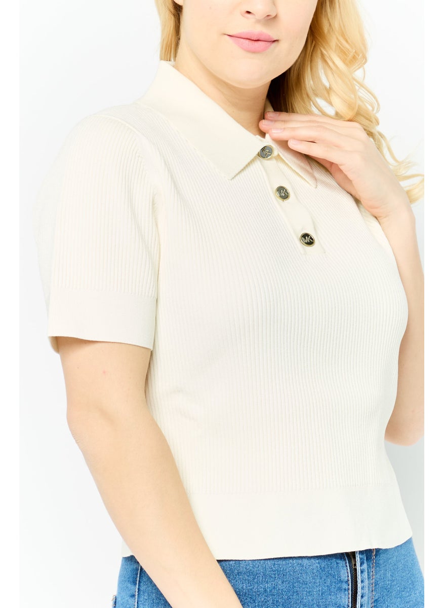 Women Regular Fit Short Sleeve Rib Knit Polo Shirts, Bone