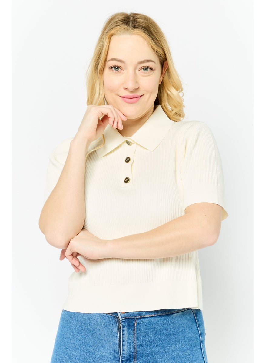Women Regular Fit Short Sleeve Rib Knit Polo Shirts, Bone