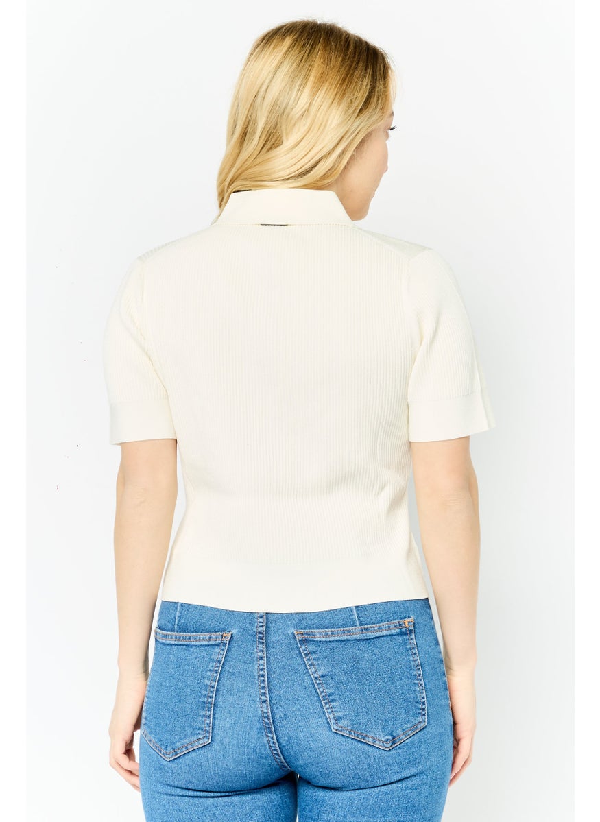 Women Regular Fit Short Sleeve Rib Knit Polo Shirts, Bone