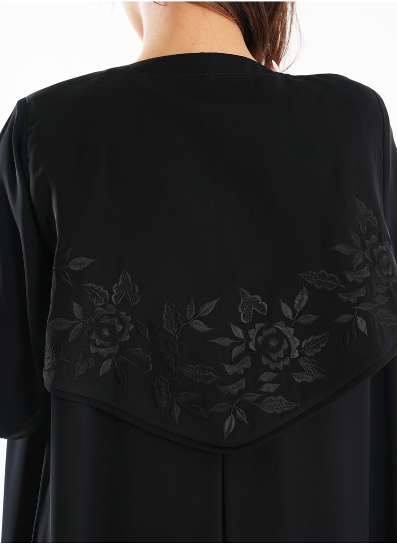Black Abaya with Sophisticated Back Embroidery Blue-Accented