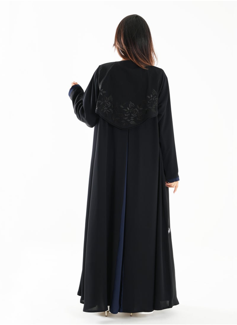 Black Abaya with Sophisticated Back Embroidery Blue-Accented