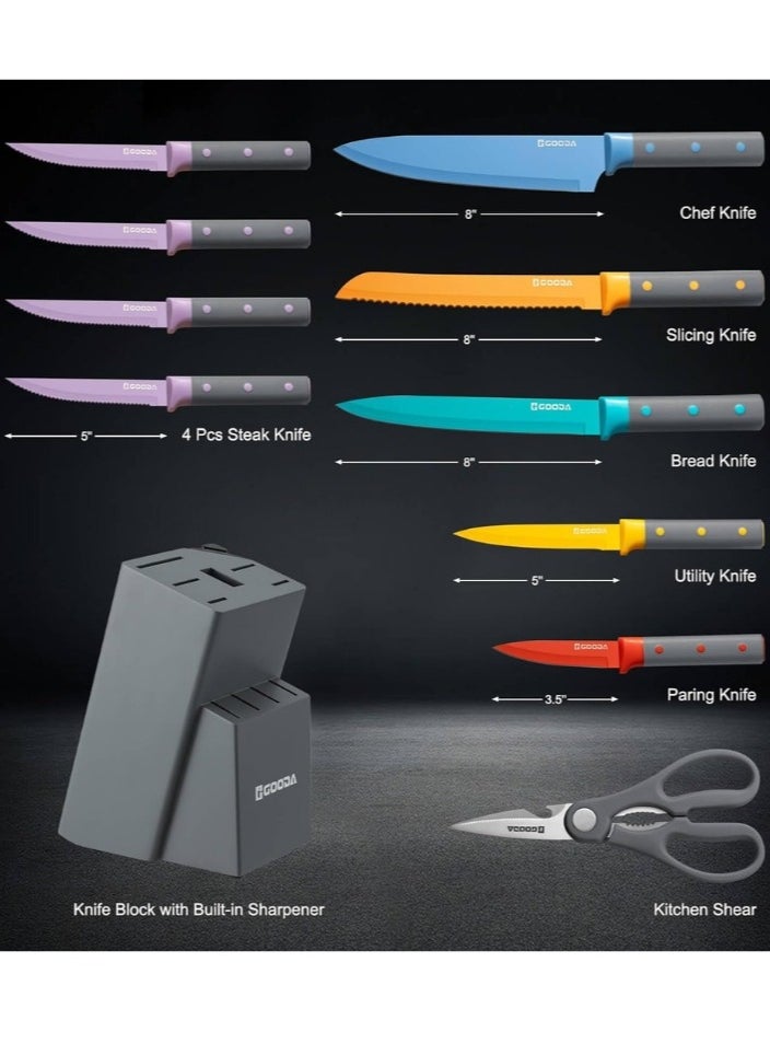 GOODA 11-Piece High Carbon Stainless Steel Knife Set With Built-In Sharpener