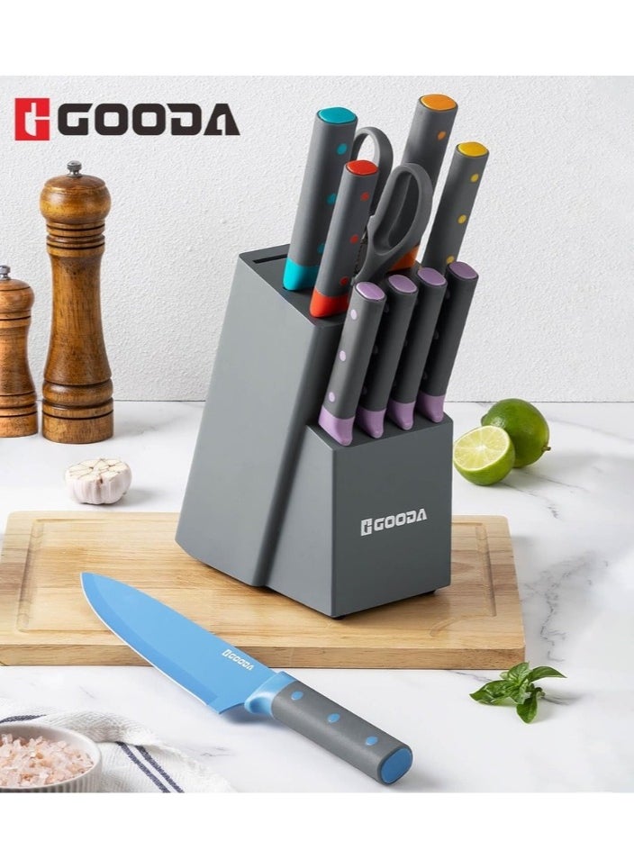 GOODA 11-Piece High Carbon Stainless Steel Knife Set With Built-In Sharpener