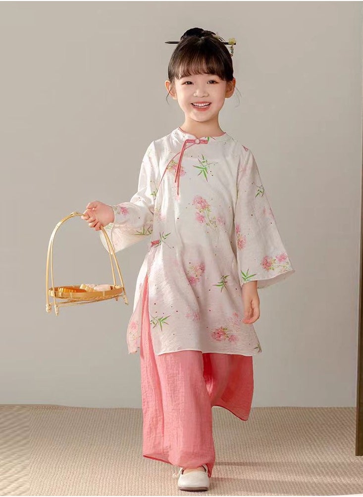Summer Toddler Girl's 2 Piece Floral Outfits round Neck LongSleeve Top and Wide Leg Long Pants Set（with fan）