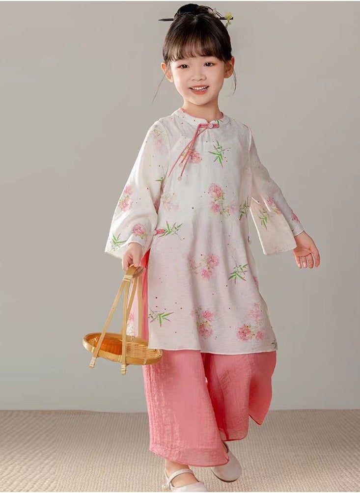 Summer Toddler Girl's 2 Piece Floral Outfits round Neck LongSleeve Top and Wide Leg Long Pants Set（with fan）