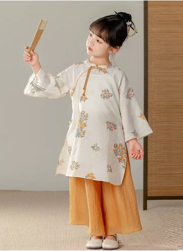 Summer Toddler Girl's 2 Piece Floral Outfits round Neck LongSleeve Top and Wide Leg Long Pants Set（with fan）