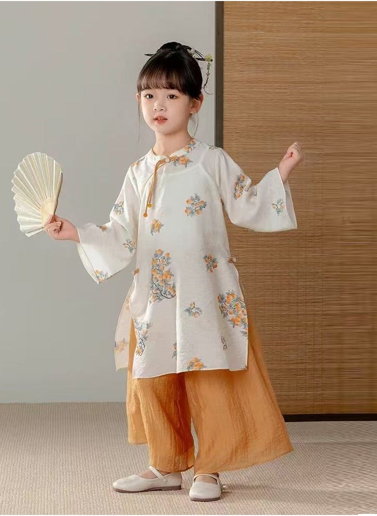Summer Toddler Girl's 2 Piece Floral Outfits round Neck LongSleeve Top and Wide Leg Long Pants Set（with fan）