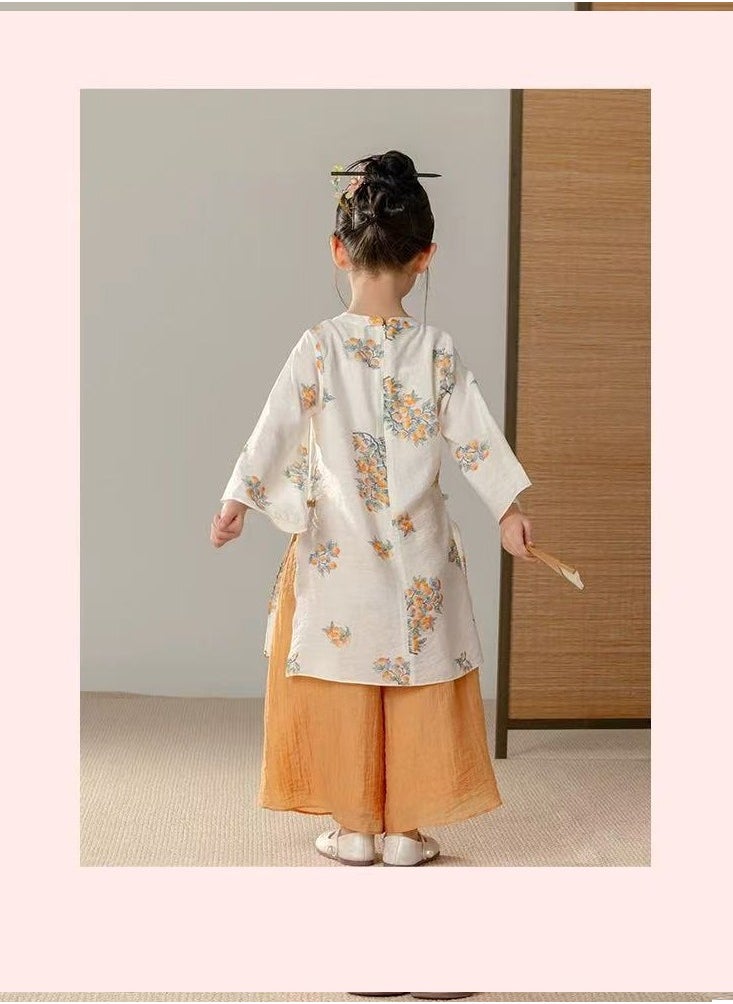Summer Toddler Girl's 2 Piece Floral Outfits round Neck LongSleeve Top and Wide Leg Long Pants Set（with fan）