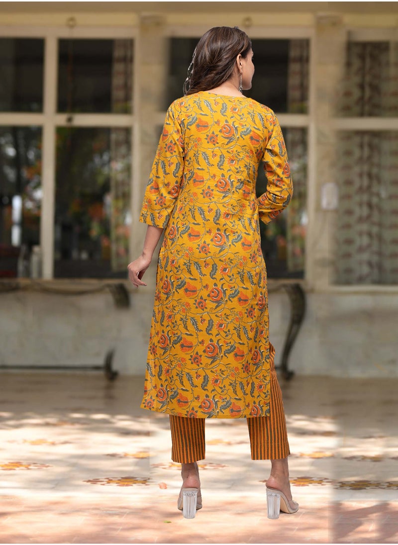 Yellow Floral Printed Cotton Suit Set, Soft & Breathable Fabric, Festive & Daily Wear