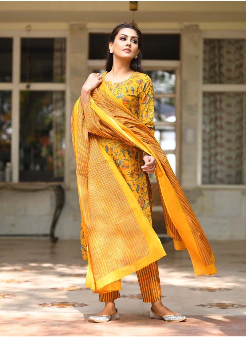 Yellow Floral Printed Cotton Suit Set, Soft & Breathable Fabric, Festive & Daily Wear