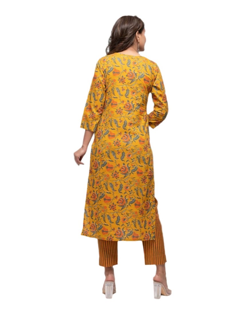 Yellow Floral Printed Cotton Suit Set, Soft & Breathable Fabric, Festive & Daily Wear