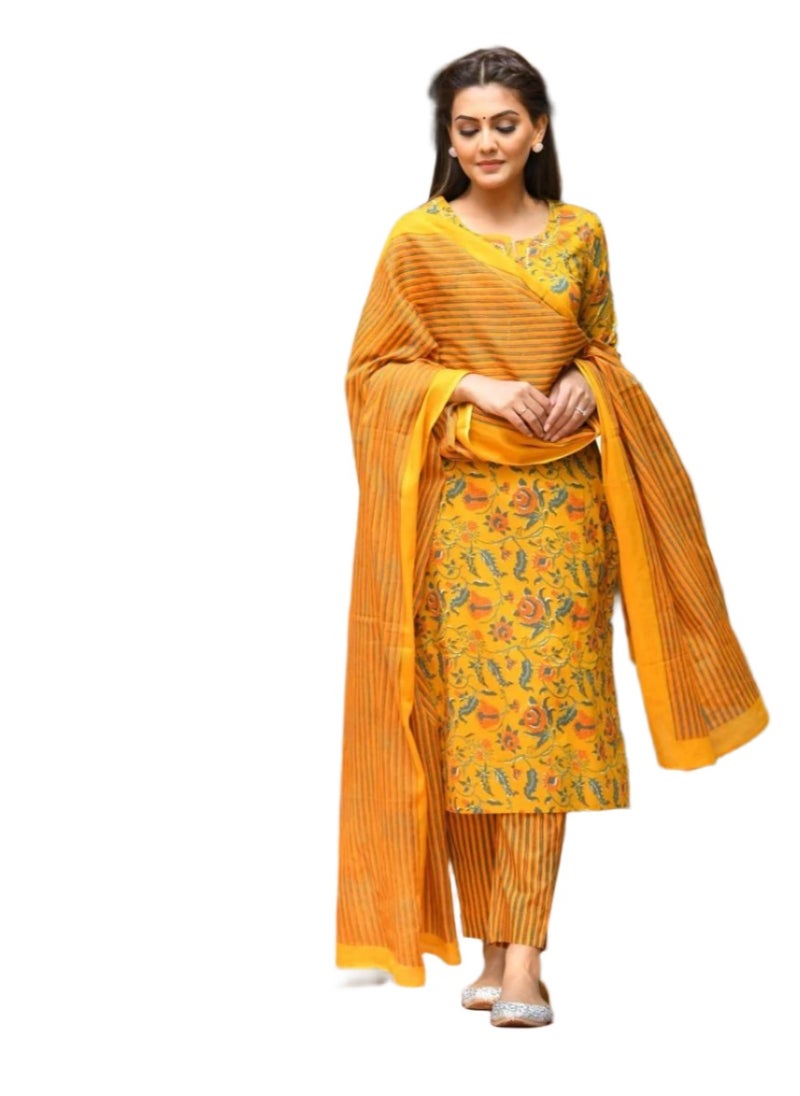 Yellow Floral Printed Cotton Suit Set, Soft & Breathable Fabric, Festive & Daily Wear