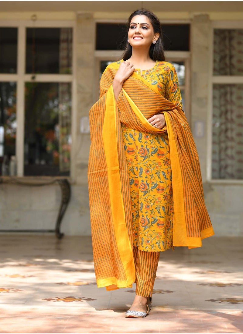 Yellow Floral Printed Cotton Suit Set, Soft & Breathable Fabric, Festive & Daily Wear