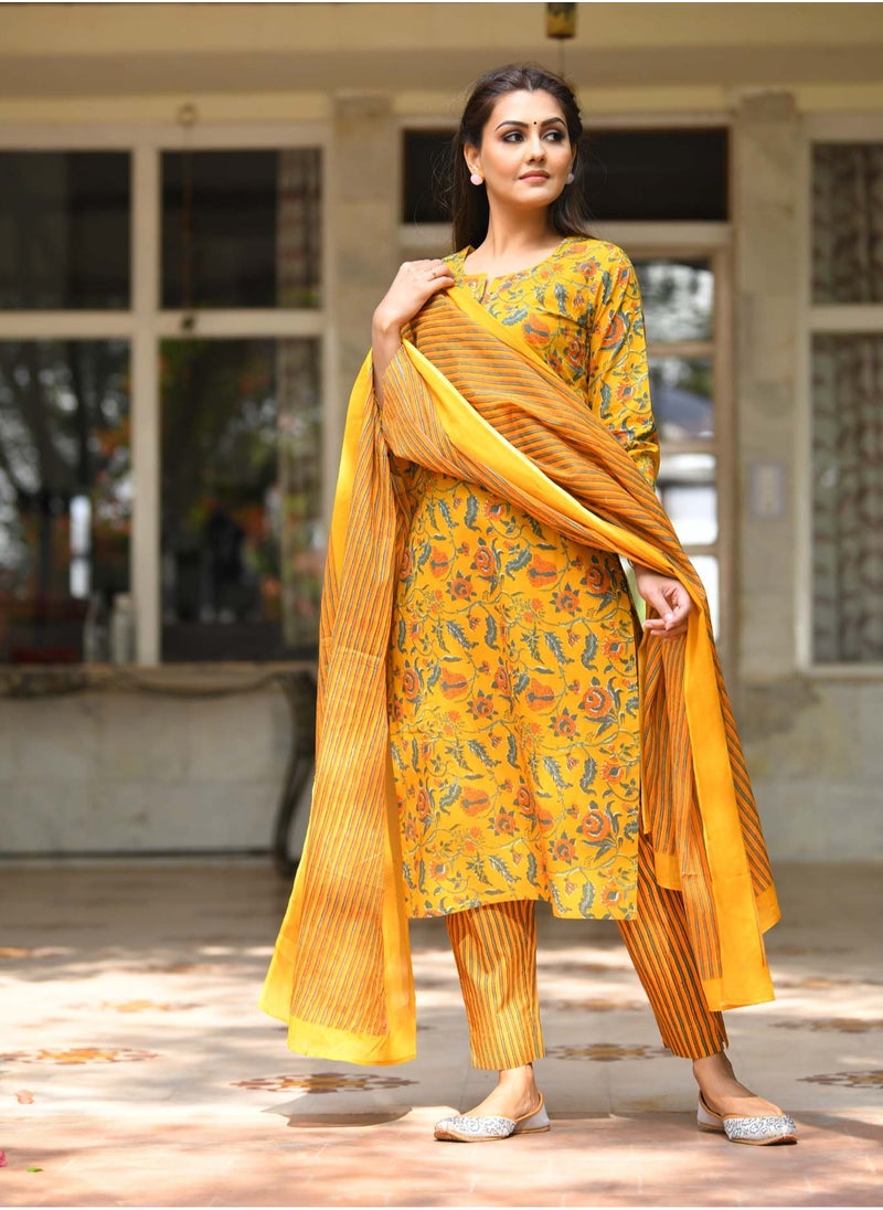 Yellow Floral Printed Cotton Suit Set, Soft & Breathable Fabric, Festive & Daily Wear