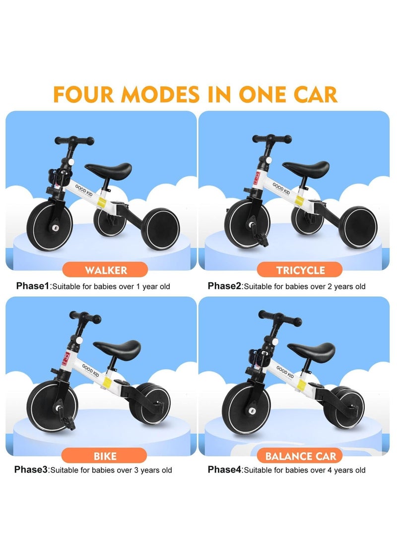 4-in-1 Kids Balance Bike & Tricycle for Toddlers Ages 1–4 Years – Convertible Baby Ride-On Toy with Adjustable Seat & Handlebar – Indoor & Outdoor Use – First Birthday Gift for Boys & Girls – Easy Assembly – White Color