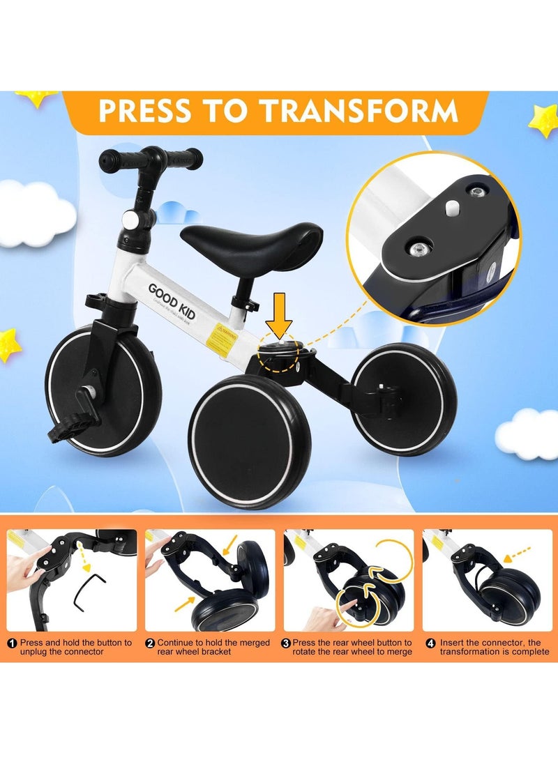 4-in-1 Kids Balance Bike & Tricycle for Toddlers Ages 1–4 Years – Convertible Baby Ride-On Toy with Adjustable Seat & Handlebar – Indoor & Outdoor Use – First Birthday Gift for Boys & Girls – Easy Assembly – White Color