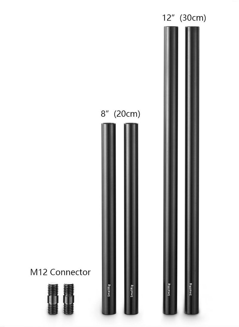 SMALLRIG Rods Set 1659, 2x15mm Aluminum Rods 20/30cm, 2xM12 Rod Connectors, Wide Compatibility with Camera Accessories, Black