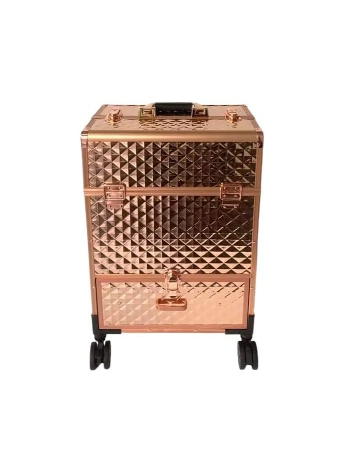 Professional Makeup Trolley Case, Rolling Cosmetic Organizer with Extendable Trays, Rose Gold