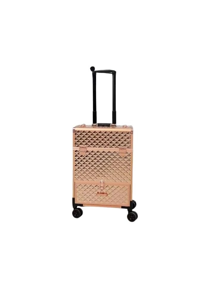Professional Makeup Trolley Case, Rolling Cosmetic Organizer with Extendable Trays, Rose Gold