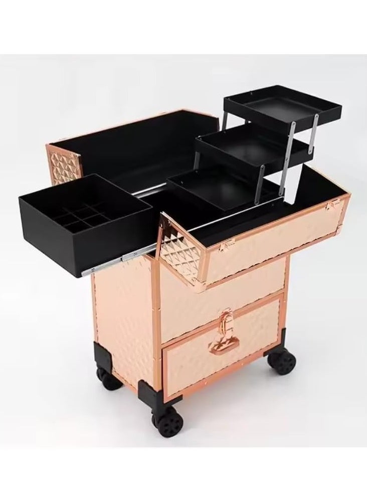 Professional Makeup Trolley Case, Rolling Cosmetic Organizer with Extendable Trays, Rose Gold