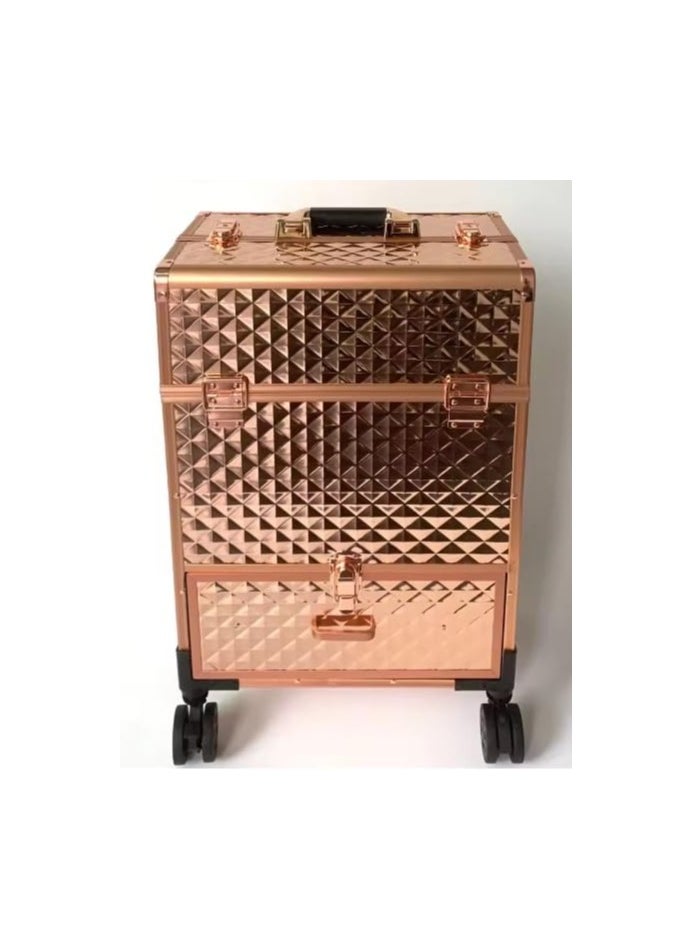 Professional Makeup Trolley Case, Rolling Cosmetic Organizer with Extendable Trays, Rose Gold
