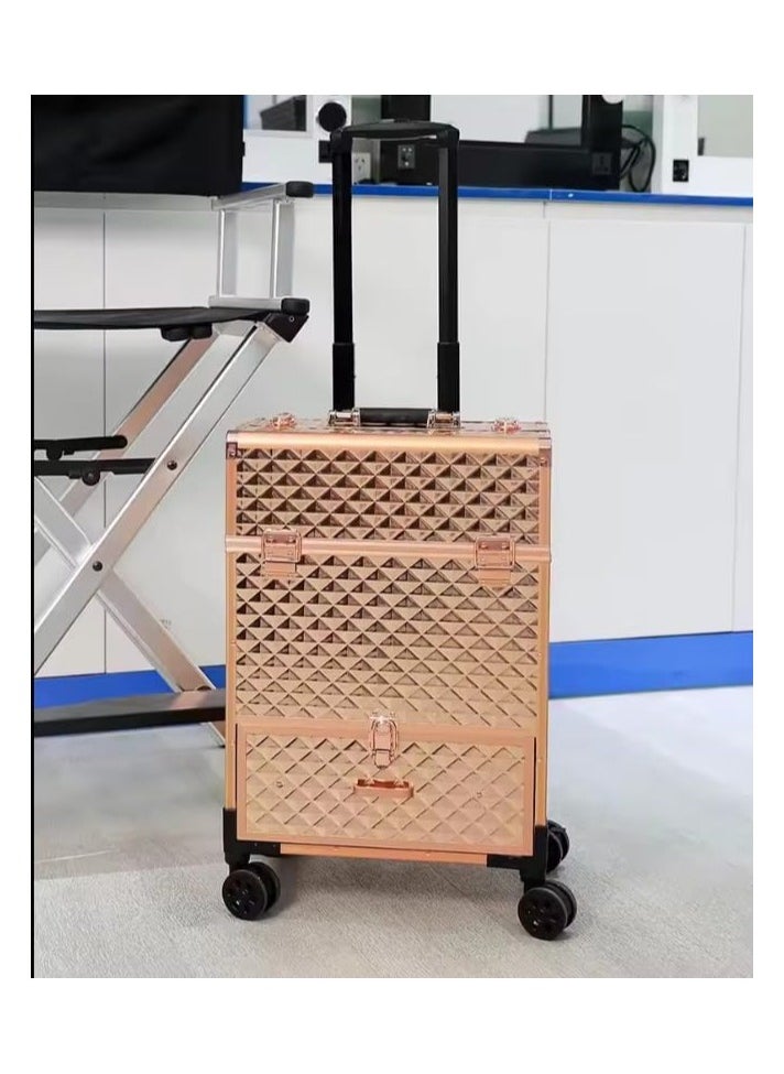 Professional Makeup Trolley Case, Rolling Cosmetic Organizer with Extendable Trays, Rose Gold