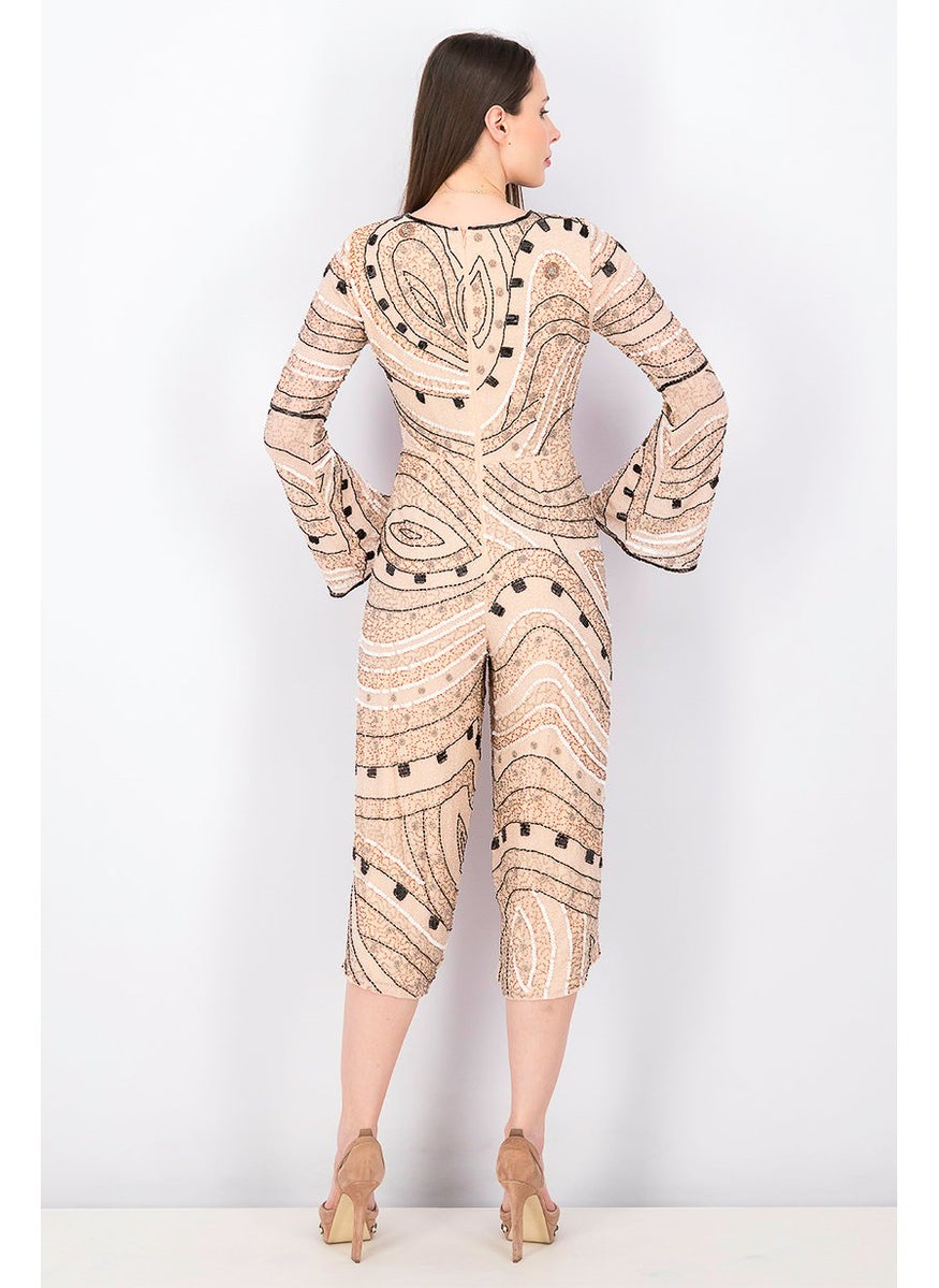 Women Textured V-neck Belle Sleeve Jumpsuit, Blush Pink