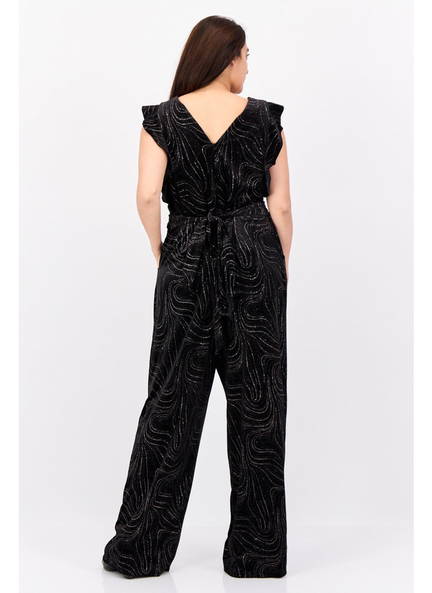 Women Swirl Velvet Ruffle Sleeves Jumpsuit, Black