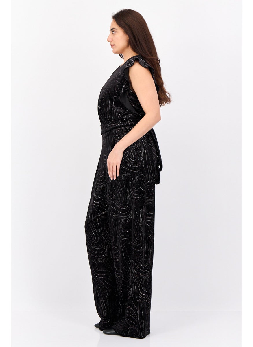 Women Swirl Velvet Ruffle Sleeves Jumpsuit, Black