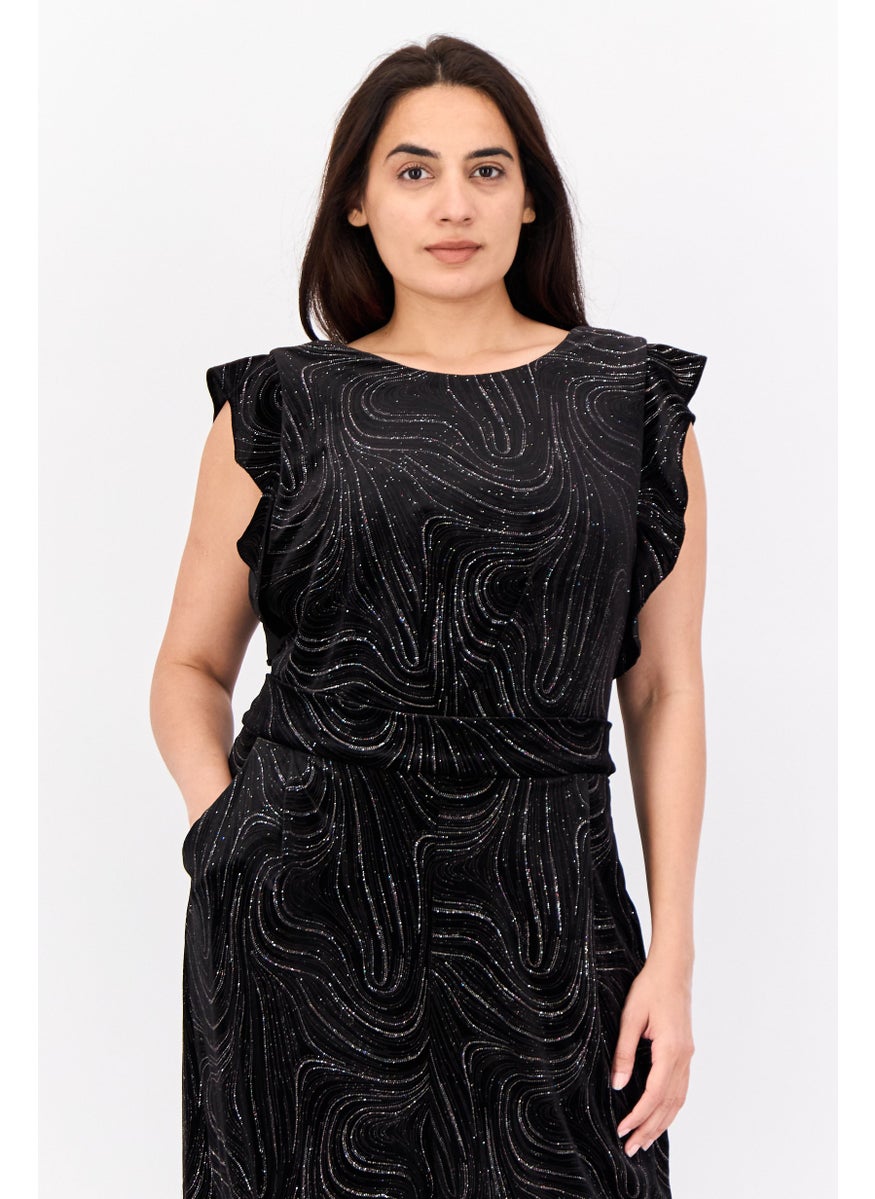 Women Swirl Velvet Ruffle Sleeves Jumpsuit, Black