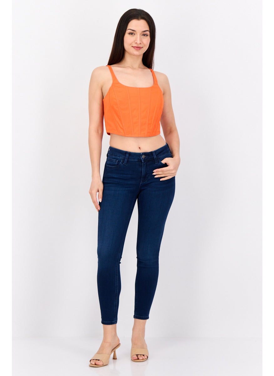 Women Skinny Fit Mid Rise Straight Leg Stretchable Jeans, Dark Blue