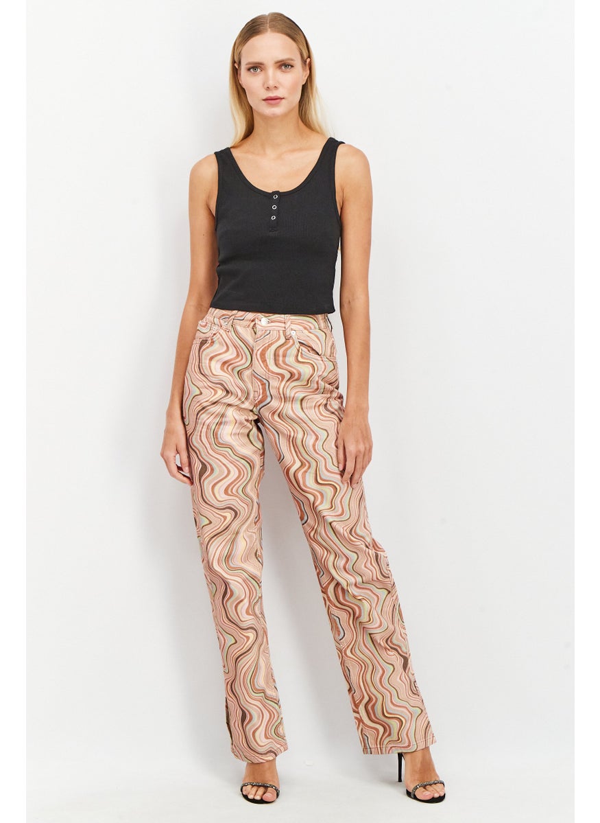 Women Straight Fit Side Slit Allover Print Non Stretchable Jeans, Beige Combo