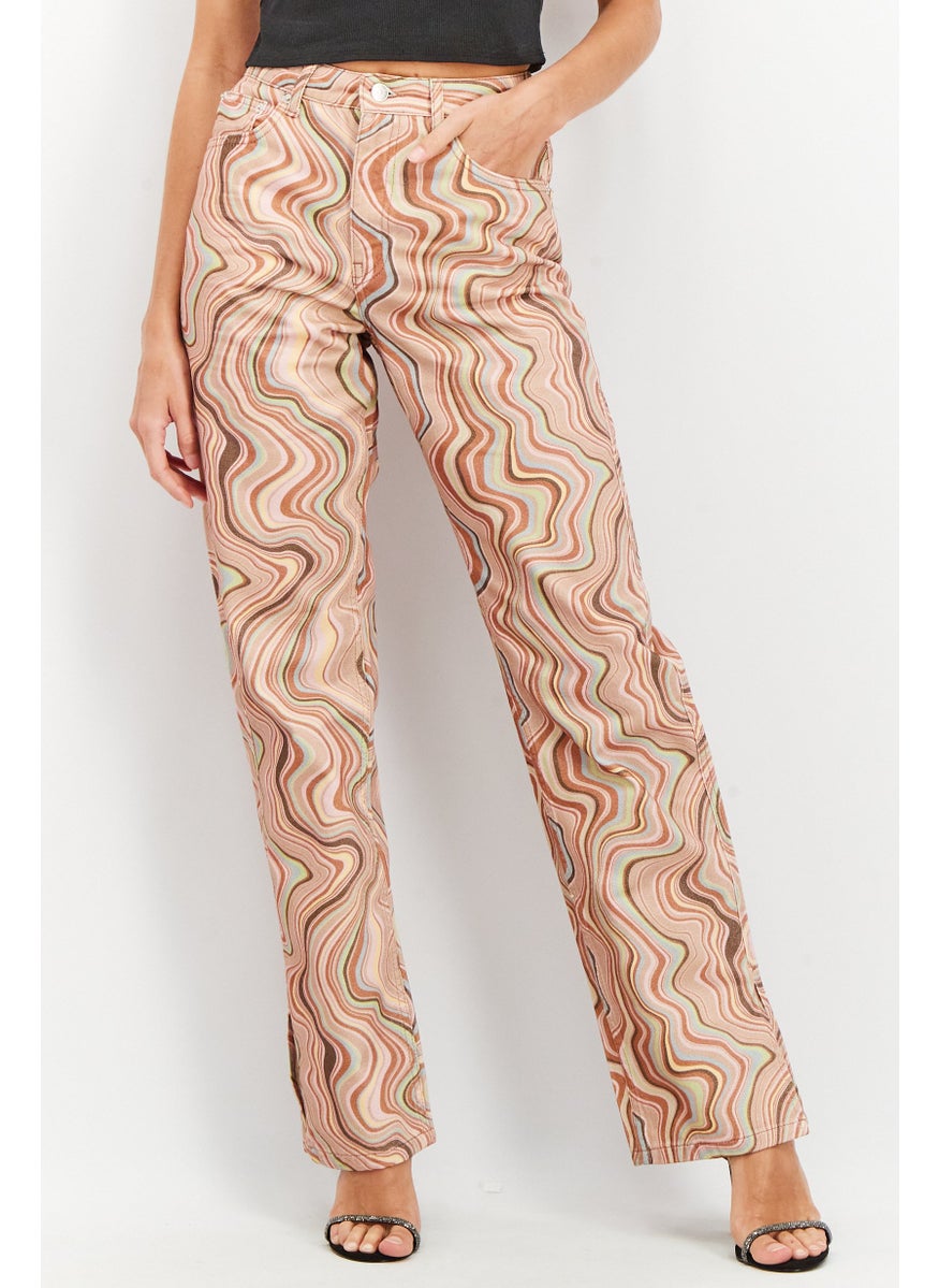 Women Straight Fit Side Slit Allover Print Non Stretchable Jeans, Beige Combo