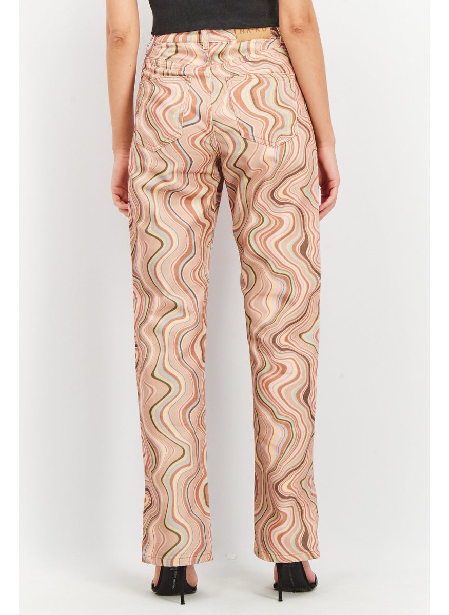 Women Straight Fit Side Slit Allover Print Non Stretchable Jeans, Beige Combo