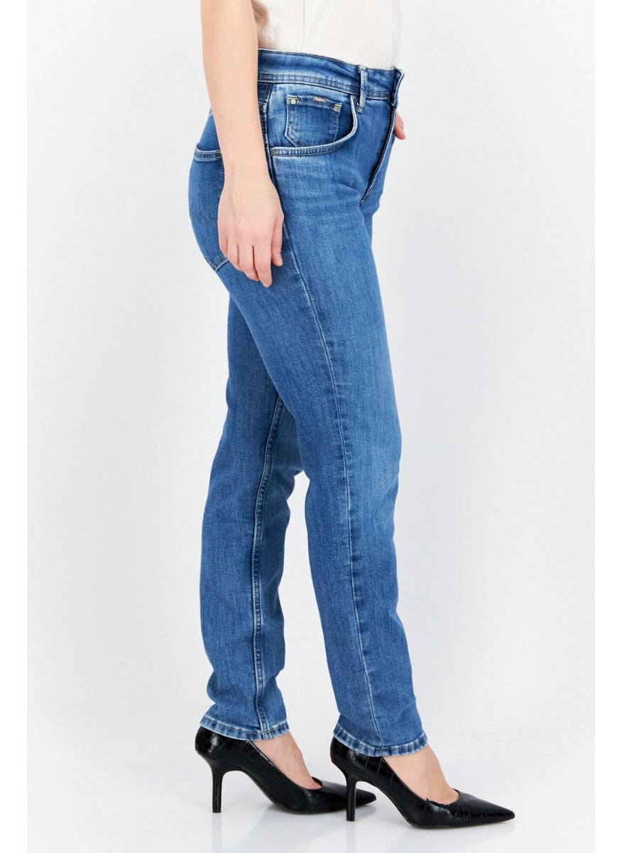 Women Mom Fit Solid Stretchable Denim Jeans, Blue