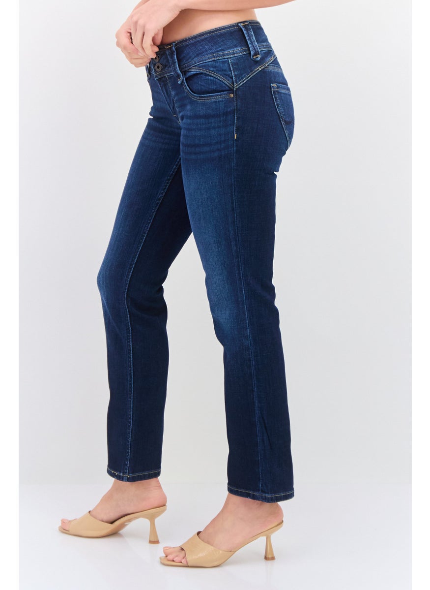Women Straight Fit Washed  Stretchable Jeans, Navy Blue