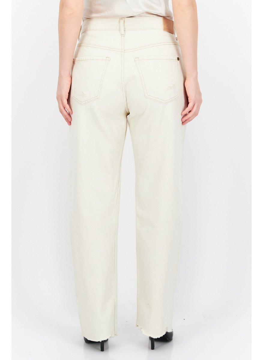 Women Straight Ripped Non-Stretchable Jeans, Cream